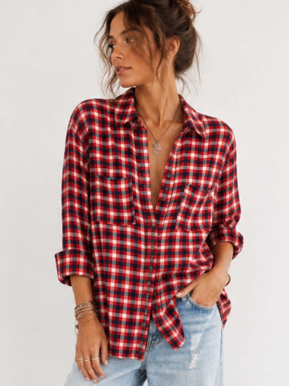 ANTHROPOLOGIE Pilcro Plaid Button Up Shirt Red Blue White Check Flannel XXS